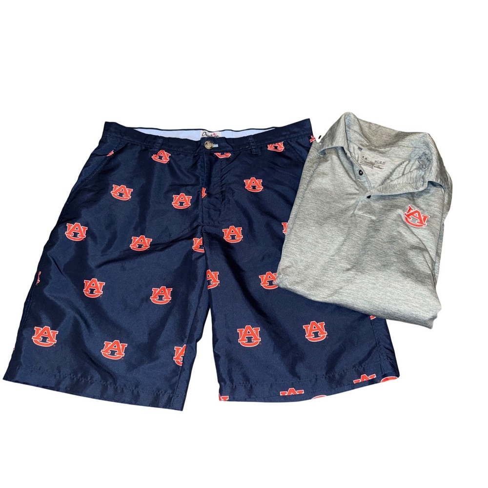 Auburn Tigers Mens Under Armour Polo and Ovation Logo Shorts Set Navy Grey 34 MD